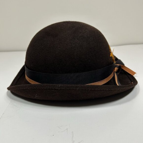 Vtg Lancaster Hat Brown Swagger Felt 100% Wool Slopping Brim Fedora Hat Feather main image 7